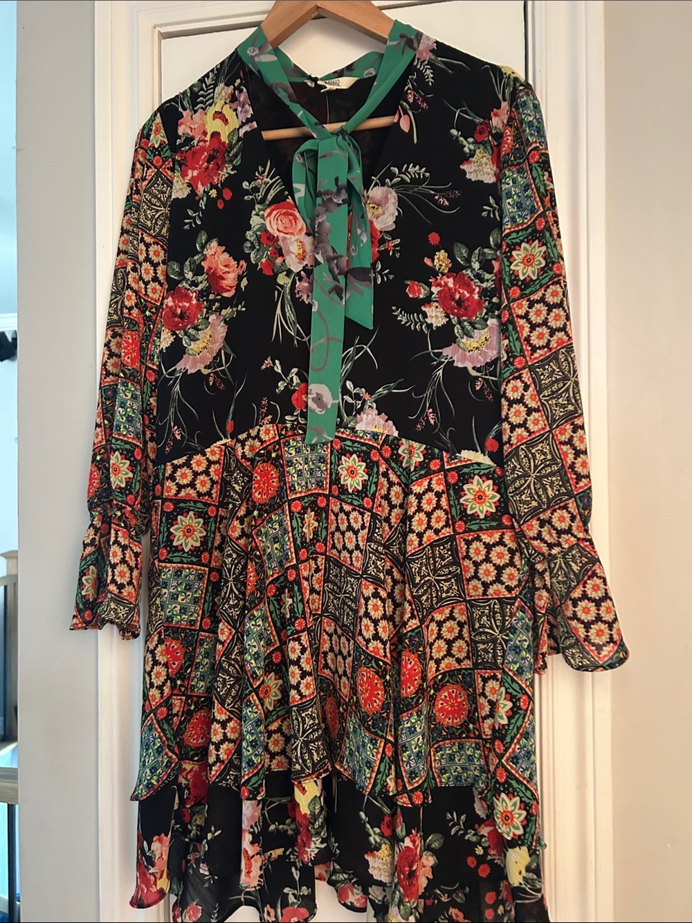 Buffalo David Bitton Black Floral & Green Tie-Neck Patchwork Dress